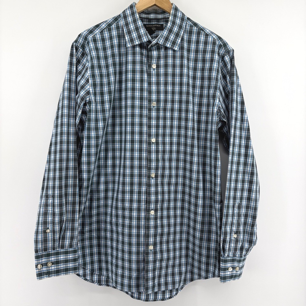 Banana Republic Mens Tailored‎ Fit Non Iron Plaid Shirt Blue Black L 16-16.5 - Picture 5 of 10